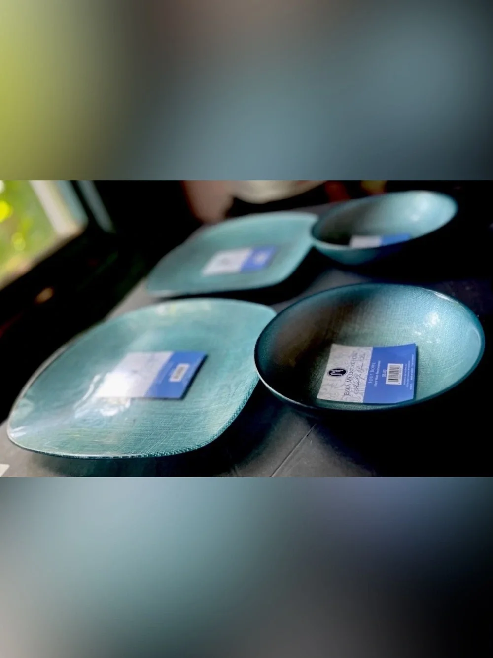 Jessica Montock Home Aqua Blue 4 Pc Dinner Plate & Soup Bowl Set New